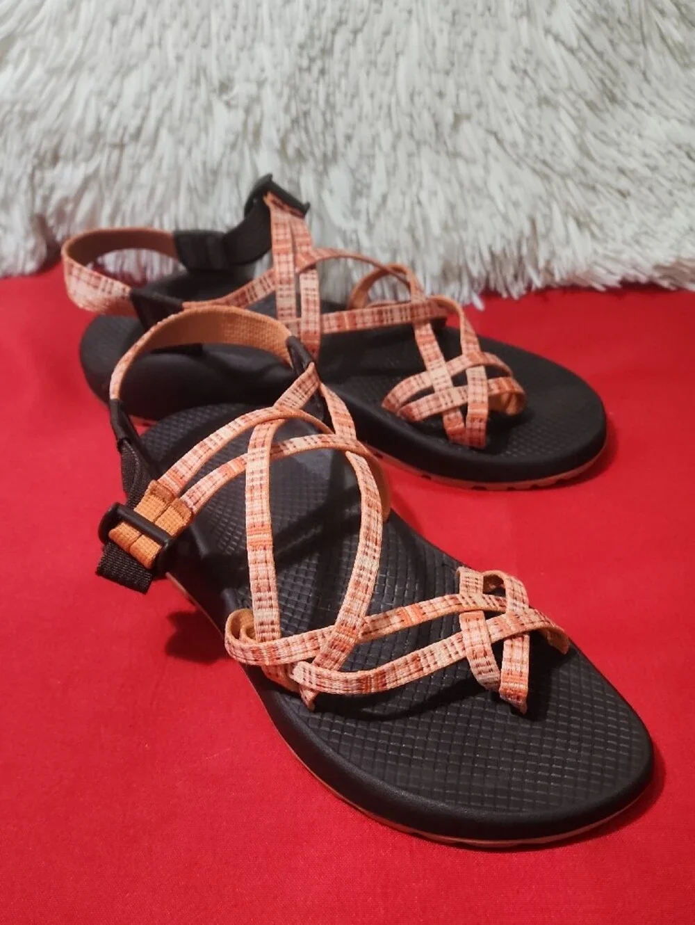 Chaco Women's Strappy Sandals in Coral Orange and Brown